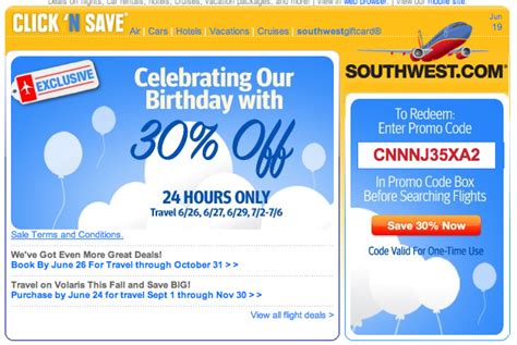 Southwest birthday discount - Discount Amount Status; Online Coupon: Select United Airlines flights for up to $150 off with this promo code: $150 Off: Ongoing: Online Coupon: United Airlines promo code: FREE seat upgrade: